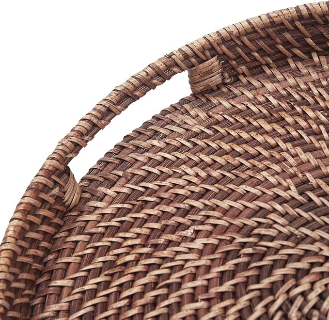 Round Rattan Woven Serving Tray with Handles Ottoman Tray for Breakfast, Drinks, Snack for Coffee Table, Home Decorative (11"x1.6", Honey Brown)