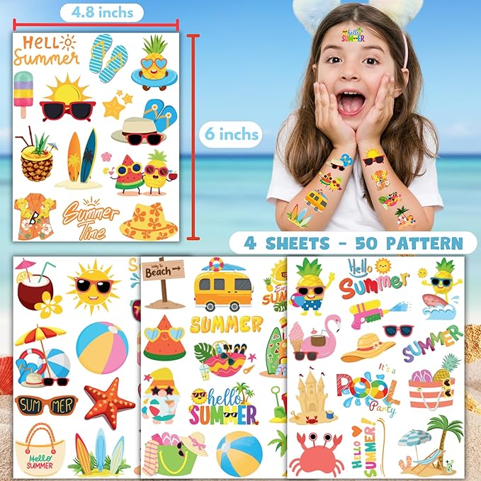 50 PCS Summer Party Temporary Tattoos for Kids, Hawaiian Luau Themed Tattoos for Birthday Party Supplies Pool Party Tropical Beach Tattoo Stickers for Kids Boys Girls Party Bag Filler