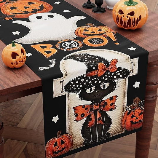 Halloween Table Runner,72 Inches Pumpkin Ghost and Spider Web Pattern Table Runner for Halloween, Table Decoration/Party Dinner Table Decor,Kitchen,Mantel,Bedroom Decoration