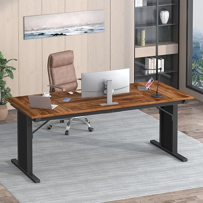 63 inch Computer Desk, Large Executive Office Desk, Farmhouse Work Desk Study Writing Table for Home Office, Brown