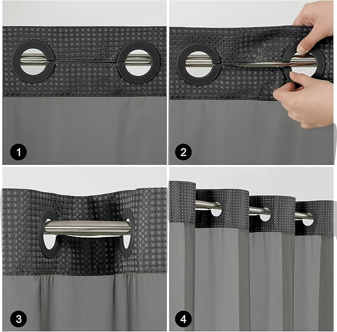 Colorful Star No Hook Waffle Shower Curtain with Snap in Fabric, Waterproof Shower Curtains with See Through Top Window, Hotel Luxury Heavy Duty Bathroom Curtain and Liner Set, 72'' x 75'', Black