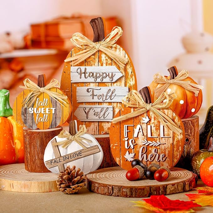 5 Pcs Classic Fall Pumpkin Decor for Home Thanksgiving Wooden Table Centerpiece Decorations Fall Wooden Pumpkin Signs for Autumn Farmhouse Home Living Room Kitchen Mantle Tabletop Supplies