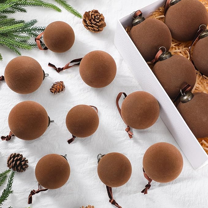 36 Pcs Velvet Christmas Balls Bulk - Flocked Christmas Tree Ball Ornaments Hanging Decoration for Xmas Tree, Wreath, Home or Party Decorations, 2.36", 2.76", 3.15"(Brown)