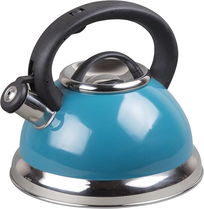 3.0 QT Stainless Steel Whistling Tea Kettle – Quick Boil Encapsulated Base, Cool-Touch Handle, Loud Whistle, Stovetop Safe – Aqua Blue