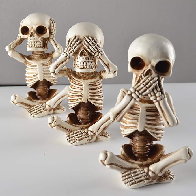 JORAE Skeletons Statue Hear See Speak No Evil Baby Halloween Figurines Home Decorative, Set of Three, 4.8 in, Oyster White Polyresin