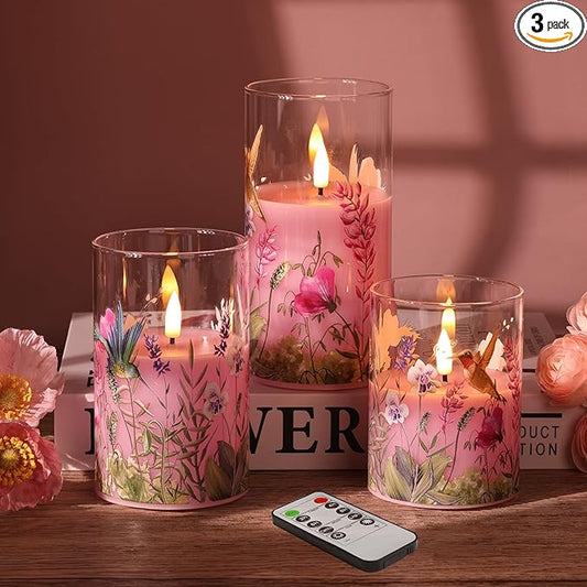 Pink Hummingbird Glass Flameless Candles with Remote, Flickering LED Pillar Candles Set of 3, Floral Candles Battery Operated Φ 3" H 4" 5" 6"