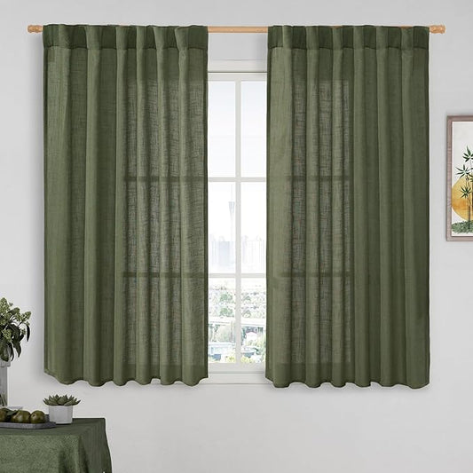 LAMIT Olive Green Light Filtering Linen Curtains 54 inches Long for Bedroom, Linen Textured Semi Sheer Back Tab and Rod Pocket Christmas Drapes for Living Room, 2 Panels, 52 x 54 Inch