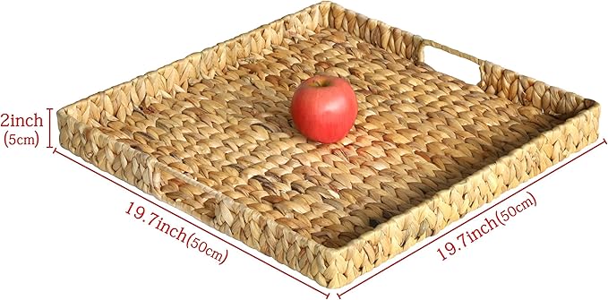 Extra Large Square Ottoman Table Tray 19.7" with Handles - Water Hyacinth Wicker Serving Tray for Farmhouse Decorative Oversized Coffee Table Trays Living Room Kitchen Counter Breakfast (Flush Edge)