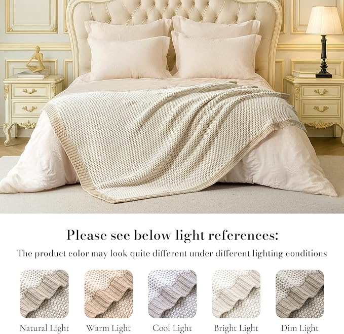 Amélie Home Honeycomb Knit Throw Blanket for Couch, Dual-Sided Soft Chenille Decorative Blankets for Sofa & Chair, 50"x60", Khaki & White