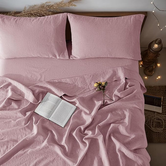 LBRO2M 100% Linen Sheet Set California King Size,Bed Sheets 4 Piece Sets,Solid Color Natural Flax Bed Sheets Soft Breathable Bedding,16" Deep Pocket,All Season (Clifornia King, Embroidery Purple)