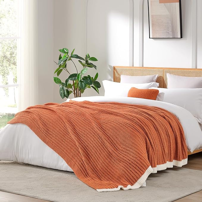 Snuggle Sac Fluffy Fall Bedding Blanket Twin Size, Soft Luxurious Knit Throws, Fuzzy Microfiber Blankets for Couch, Sofa, Bed, Burnt Orange, 60x80 inches