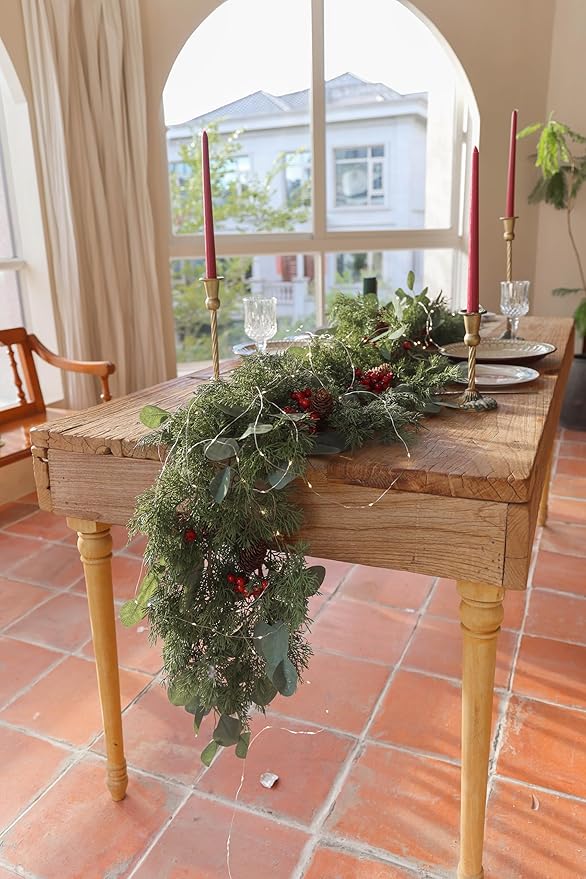 6.3FT Christmas 144 Branch Tips Cedar Garland with LED String Lights, Anna's Whimsy Seasonal Artificial Pine Cypress Garland, Holiday Indoor Outdoor Christmas Decor