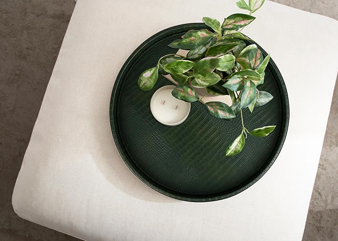 HofferRuffer Round Serving Tray 20'', Elegant Faux Leather Circle Ottoman Table Tray, Serve Tea Coffee Breakfast in Bedroom Living Room Kitchen(Green, 20")