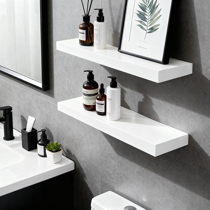 Floating Shelves for Wall(Set of 2)-24 Inch White Wood Wall Shelf with Invisible Brackets for Bathroom,Bedroom,Drawingroom,Kitchen for Decor(White,2pcs)