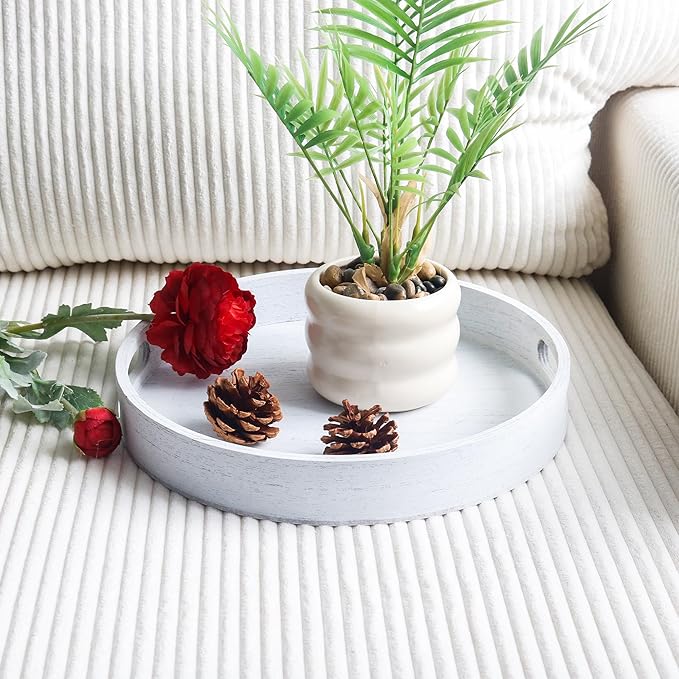 Round Decorative Tray,Wooden Serving Tray with Handles, 11.8in White Decorative Trays for Coffee Table,Kitchen Counter,bandejas decorativas