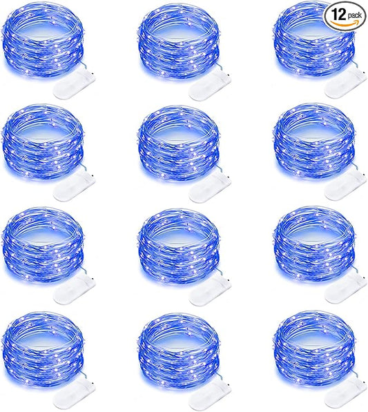 12 Pack Fairy Lights Battery Operated 7 Feet 20 LED Waterproof Christmas String Lights Silver Wire Firefly Starry Moon for Bedroom DIY Party Wedding Patio (Blue)