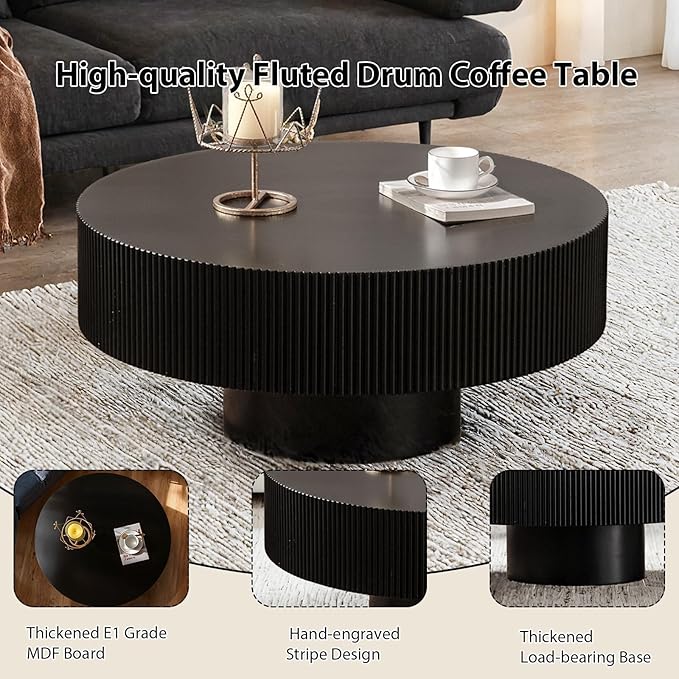 Round Fluted Coffee Table Mid Century Modern Coffee Tables with Handcrafted Relief Circle Drum End Table Rustic Industrial Center Tables for Apartment Living Room (Black Round Thick)