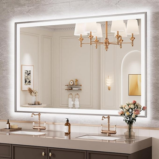 55x36 Silver LED Bathroom Mirror, Rectangle Brushed Nickel Lighted Mirror for Wall, Stepless Dimmable Led Vanity Mirror with Front-lit and Backlit, Tempered Glass, Anti-Fog, Memory