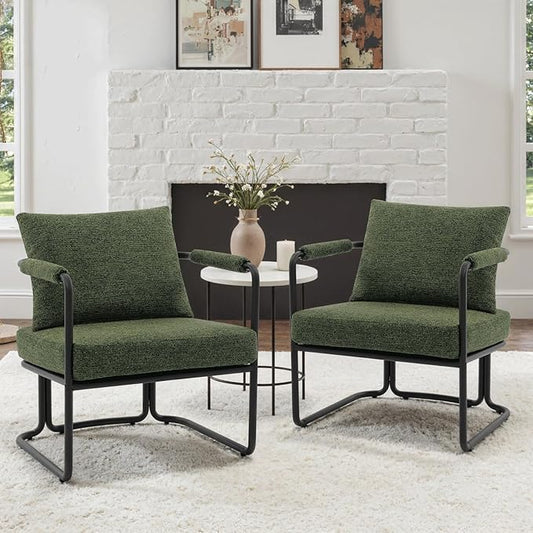 Mid-Century Modern Accent Chairs Set of 2, Comfy Upholstered Lounge Arm Chairs with Chenille Fabric for Living Room, Bedroom, Apartment, Reading Corner, Office, Green