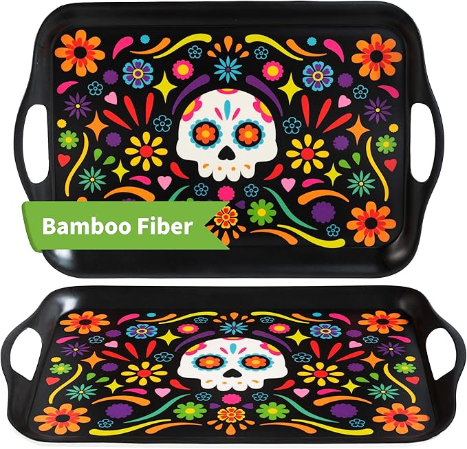Oasis Choice 2-Pack Day of the Dead Bamboo Fiber Serving Trays - 18x13 Inch Extra Large w/Handles for BBQ, Picnic, Party - Durable Lightweight Serving Platters - Sugar Skull and Marigold Decor (Black)