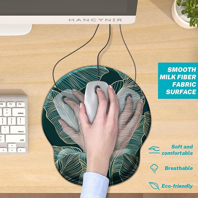 Ergonomic Mouse Pad Wrist Support, Green Tropical Leaves Mouse Pads with Wrist Rest, Computer Mousepad for Gaming with Non-Slip PU Base, Comfortable Mouse Pad Office Decor Desk Accessories