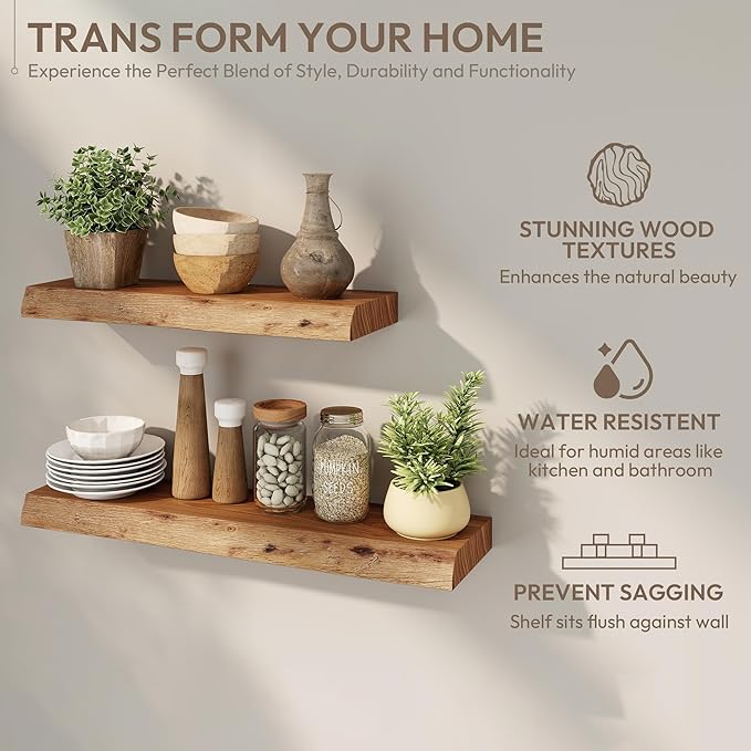 Marsmiles 40 inch Floating Shelves for Wall Elm Wood Live Edge Shelves Wall Mounted|Rustic Long Floating Shelves with Invisible Bracket for Bathroom Living Room Kitchen|Natural, 1 Pack