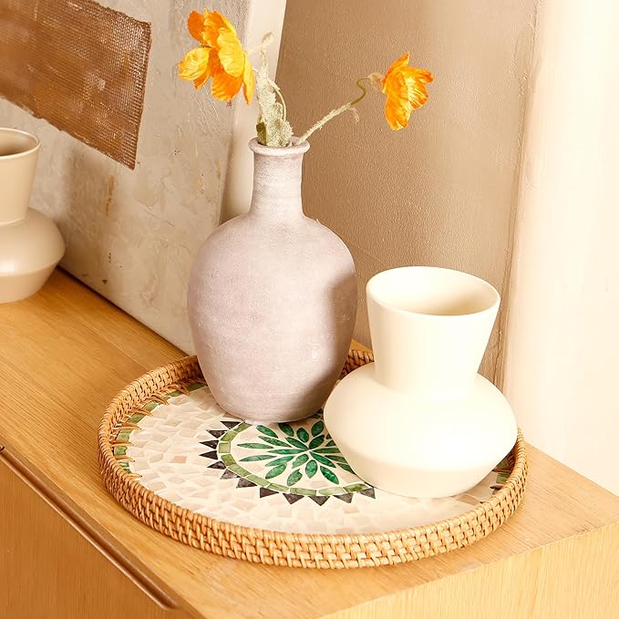 Round Rattan Tray with Mother of Pearl Inlay & Wooden Base - Decorative Wicker Serving Tray for Coffee/Bread/Fruits, Food Storage & Display - Multipurpose Home Decor (L,Bohemia)