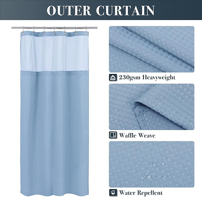 N&Y HOME Stall Waffle Weave Shower Curtain with Snap-in Fabric Liner & Hooks Set - 36" x 72" Small Shower Stall Size, Hotel Style & Mesh Top Window, Machine Washable - 36x72, Blue