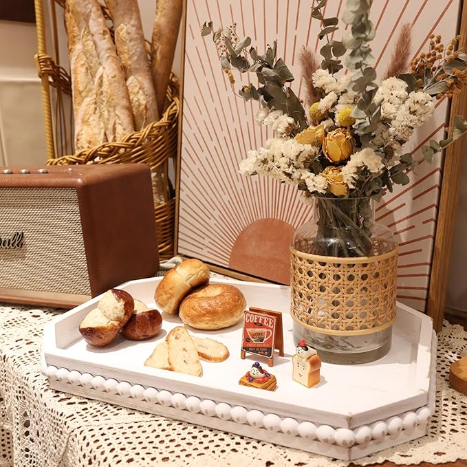 Whitewashed Wood Serving Tray with Beads, Farmhouse Decorative Tray for Table Centerpiece, Christmas Wedding Halloween Home Decor