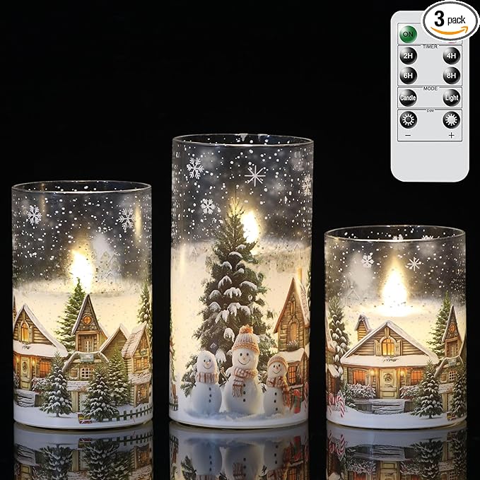 DRomance Snowman House Glass Flameless Candles Battery Operated with Remote and Timer Real Wax LED Flickering Pillar Candles Cold White Light Window Christmas Holiday Decor 3" D x 4", 5", 6" H