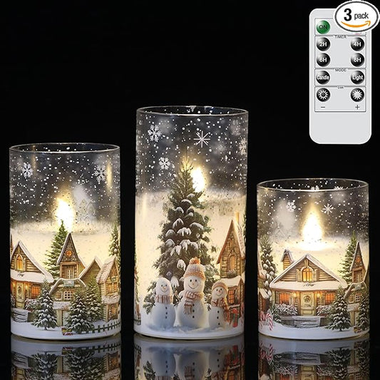 DRomance Snowman House Glass Flameless Candles Battery Operated with Remote and Timer Real Wax LED Flickering Pillar Candles Cold White Light Window Christmas Holiday Decor 3" D x 4", 5", 6" H