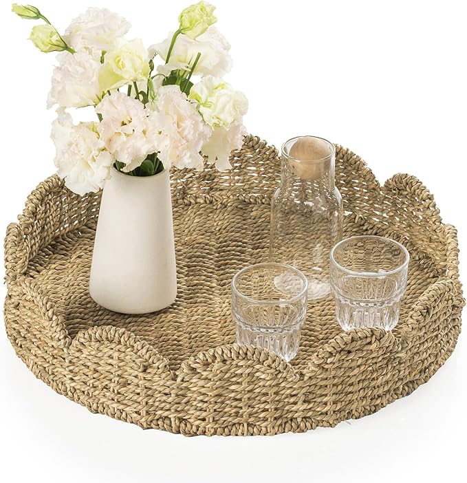 Wicker Tray, Handwoven Woven Tray with Handles and Scalloped Edge, Round Wicker Basket for Home Decor and Organizing, 16.9" L x 16.9" W x 3.5" H