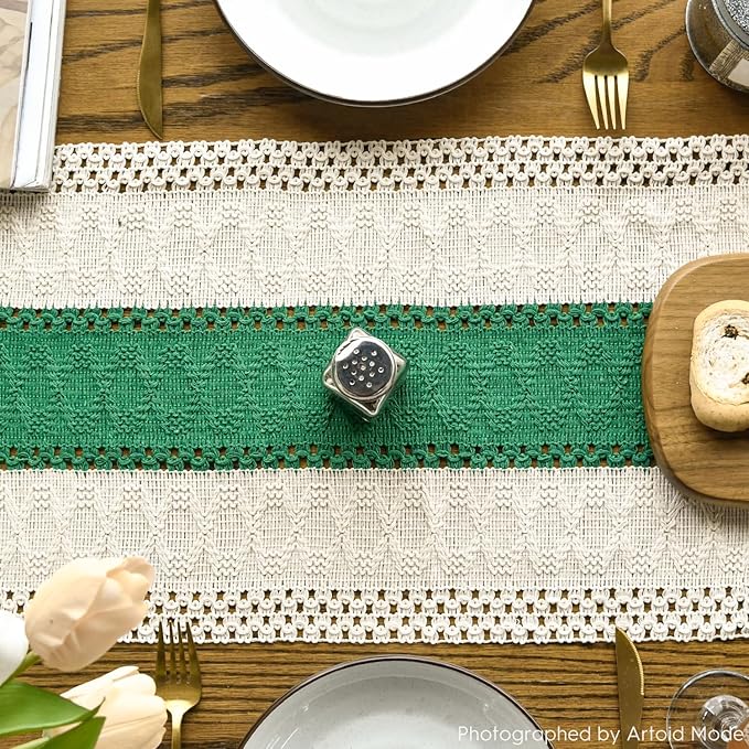 Artoid Mode Dark Green Farmhouse Rustic Table Runner, Seasonal Holiday Hollow Kitchen Dining Table Decoration for Home Party Decor 12x48 Inch
