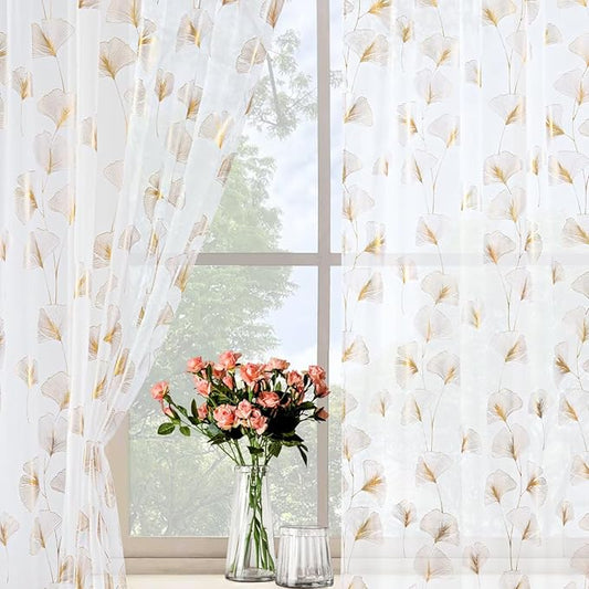 Gold Foil Print Sheer Curtains 84 inches Long, 2 Panels Ginkgo Bronzing Treatment Sheer Curtain, Rod Pocket Window Treatment Panels for Bedroom Living Room