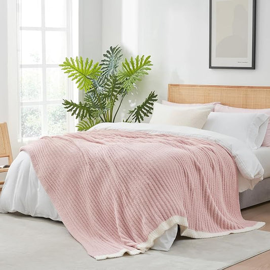 Snuggle Sac Fluffy Ribbed Blanket Pink Twin Size, Soft Luxurious Knit Throw, Fuzzy Plush Microfiber Blankets for Couch, Sofa, Bed, Pink, 60x80 inches