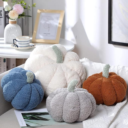 Kajaia 4 Pcs Fall Decor Pumpkin Throw Pillow Fall Pillow 11 Inches 7 Inches 3D Cushion Thanksgiving Sherpa Plush Fluffy Stuffed for Autumn Halloween Christmas Home Sofa(White, Blue, Gray, Brown)