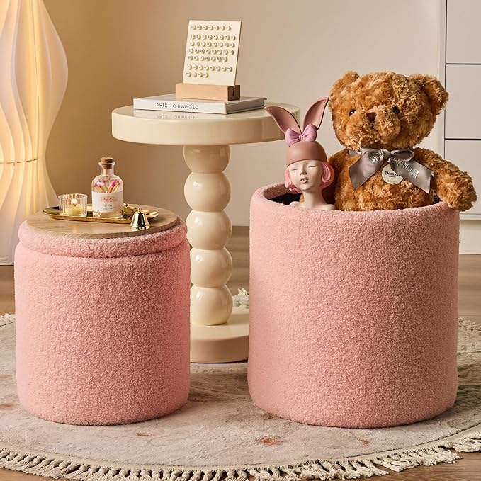 Round Ottoman with Storage Set of 2-Upholstered Sherpa Vanity Stool for Makeup Multifunctional Ottomans Coffee Table Padded Seat Foot Rest for Living Room&Bedroom(Sherpa Pink)