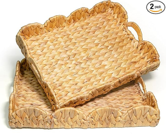 KOKODO Set of 2 Wicker Scalloped Tray – Handwoven Water Hyacinth Basket Trays, Decorative Scalloped Wicker Tray for Serving, Organizing, Kitchen, Coffee Table, Bathroom, and Shelf Décor.
