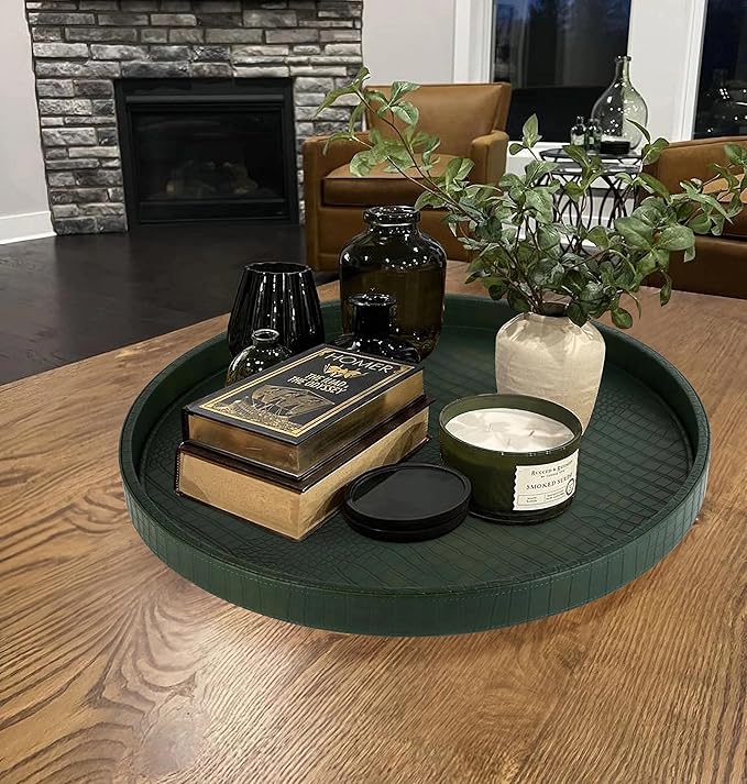 HofferRuffer Round Serving Tray 20'', Elegant Faux Leather Circle Ottoman Table Tray, Serve Tea Coffee Breakfast in Bedroom Living Room Kitchen(Green, 20")