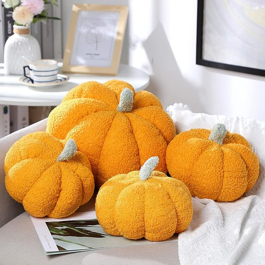 Kajaia 4 Pcs Fall Decor Pumpkin Throw Pillow Fall Pillow 11 Inches 7 Inches 3D Cushion Thanksgiving Sherpa Plush Fluffy Stuffed for Autumn Halloween Christmas Home Sofa(Yellow)