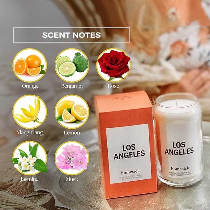 Homesick Scented Candles for Home (Los Angeles) - 13.75 oz Long-Lasting Soy Wax Jar Candle for Women & Men for All Occasions, 60-80 Hours Burn Time - Notes of Orange, Bergamot & Rose