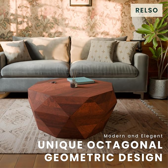 Relso Solid Wood Geometric Faceted Coffee Tables Living Room, Crafted for Versatile Use | Drum Round Shaped | for Living Rooms | Wooden Drum Coffee Table Octavian Table