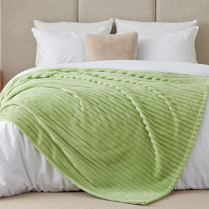 BEDELITE King Size Blanket for Bed, 300GSM Soft & Warm Fleece Blanket, Decorative and Giftable Striped Grass Green Blankets for Women, Men, 108"x90"