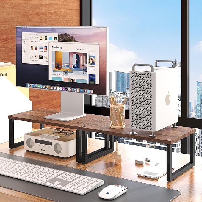 Simple Trending 2 Pack Monitor Stand Riser, Wood Desk Storage Organizer for Office Laptop, Computer, Antique Brown