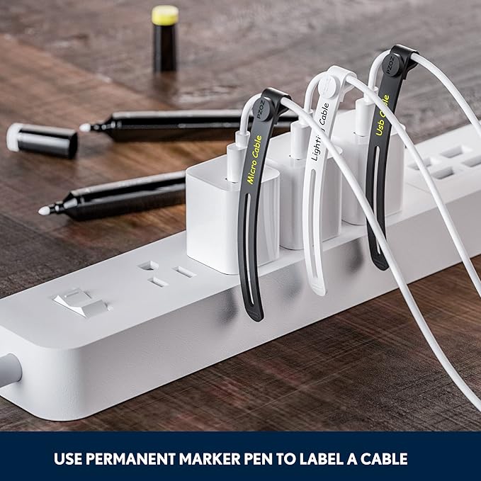 PZOZ (10 pcs) Reusable Cable Ties, Elastic Silicone Cord Organizer Straps Keeper Management Holder for iPhone Charging Cable Charger Wire Labels Desk Car and Travel Accessories (Black)