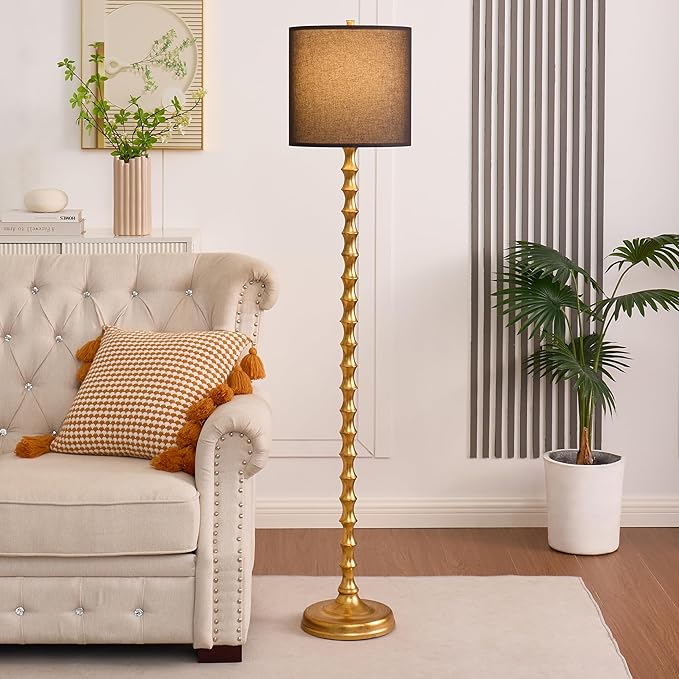64.5" Gold Floor Lamp with Black Lampshade, Black Gold Floor Lamp for Living Room, Golden Bamboo Standing Lamps for Bedroom, Antique Brass Standing Lamps Tall Skinny for Home Office, Corner