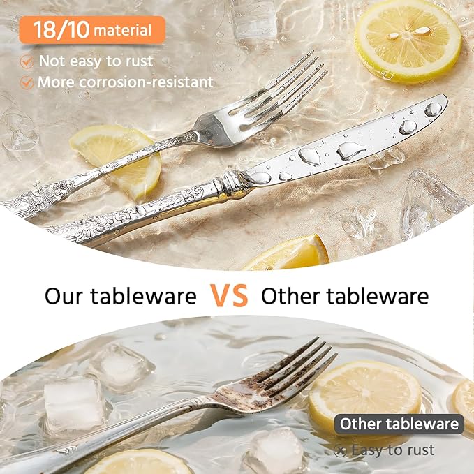 KINGSTONE Vintage Carved Silverware Set, 60-Piece 18/10 Stainless Steel Flatware Cutlery Set with Retro Royal Thick Handle, Tableware Utensils for Home, Restaurant, party, Wedding, Dishwasher Safe