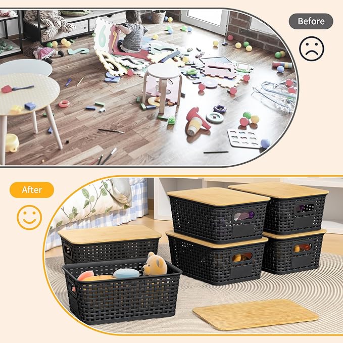 6 Pieces Black Plastic Storage Baskets with Bamboo Lids with Labels Stackable Storage Containers for Organizing Shelves Drawers Desktop Closets Playroom Classroom Office