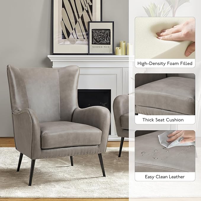 HULALA Home Faux Leather Accent Chair Set of 2 w/Removable Cushion, Comfy Upholstered Armchair with Metal Legs & Nailhead Trim Wingback Vanity Chair Desk Chair for Reading Living Room Bedroom, Grey