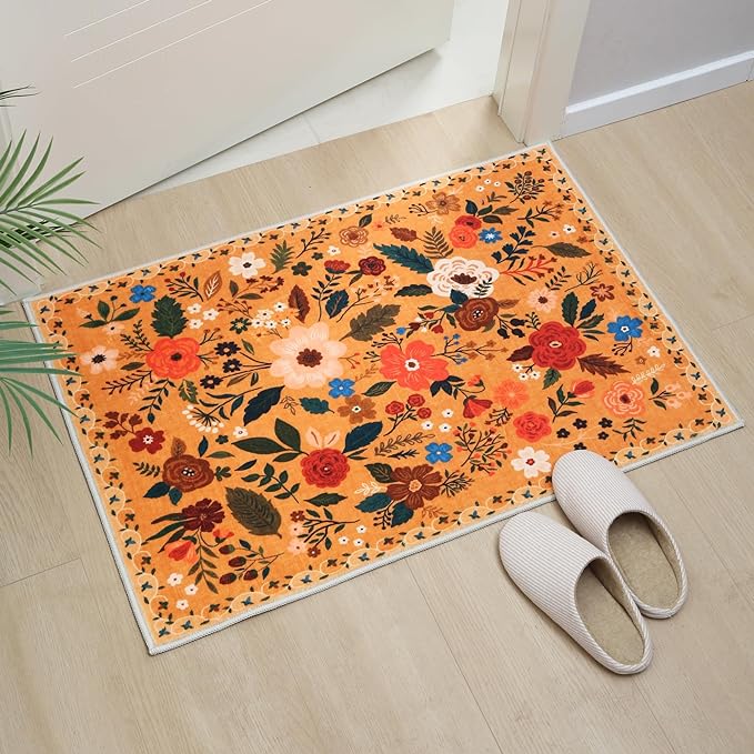 Rugcomf Door Mat Indoor Entrance 2x3 Rug Machine Washable Boho Floral Small Area Rug Non-Slip Low Pile Throw Rugs for Entryway, Kitchen, Front Door Indoor Entrance, Entry, Kids Room (Yellow)